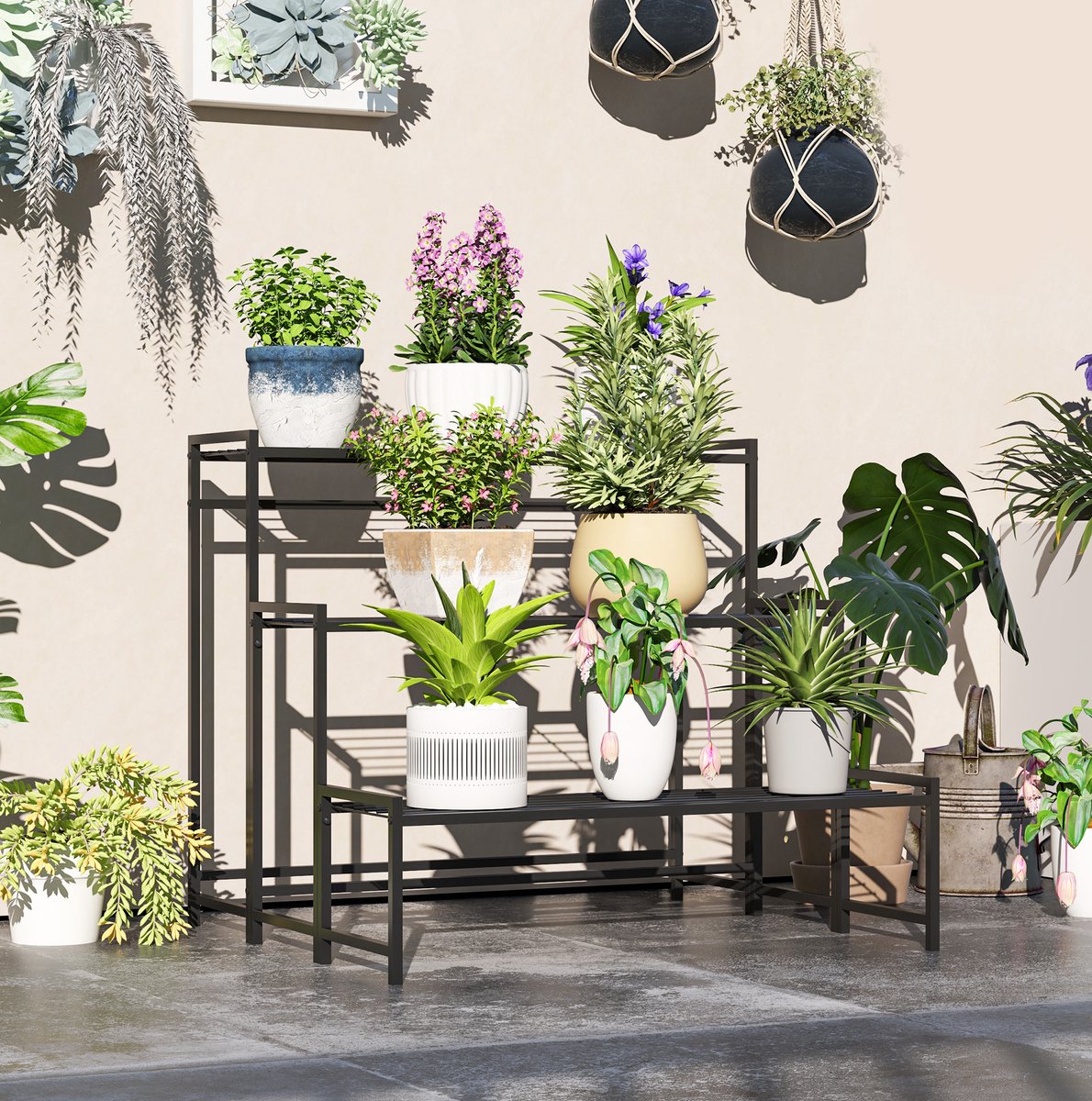 HAUSS SPOLE Plantenrek – 3 Laags Ontwerp – 75 x 70 x 66 cm – Metaal – Zwart – Voor Binnen en Buiten – Met Roosterplanken