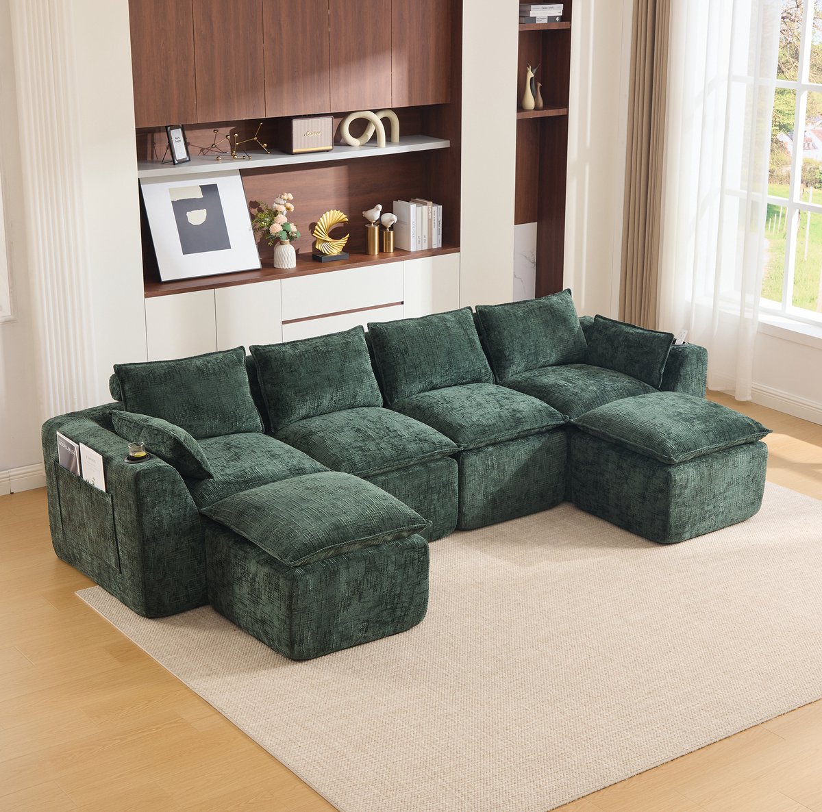 REDOM - Hoekbank - Modulair 4-zits - 2 voetenbanken - Kussens - Bekerhouder - Zijvakken - Chenille - Donkergroen - 322 x 161 x 75 cm