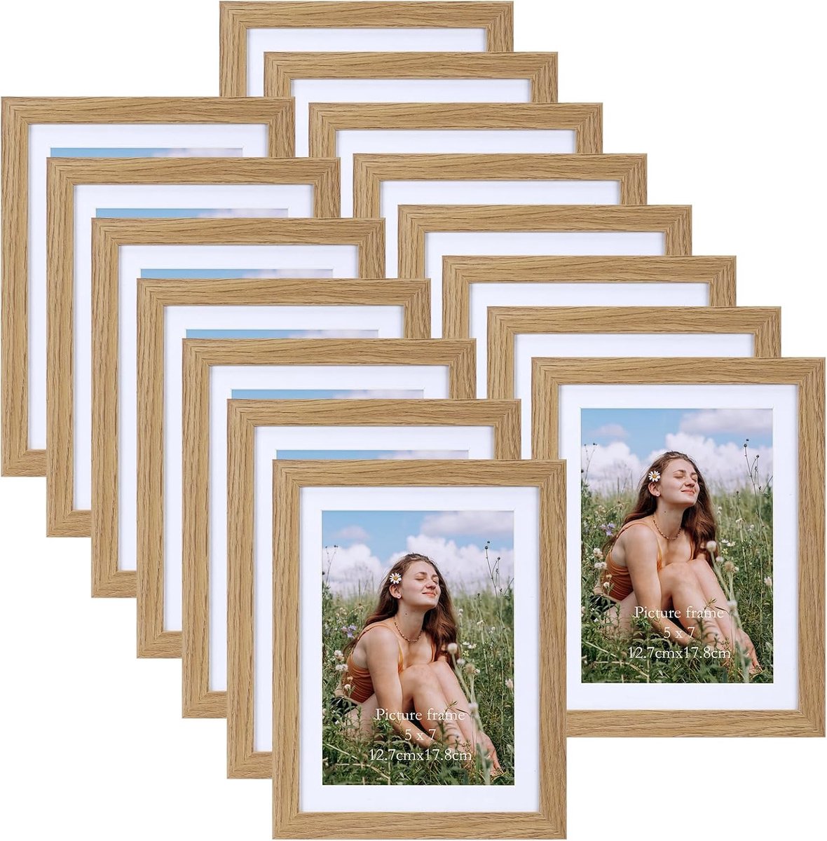SnelShoppen - Set van 15 Natuurhoutkleurige Fotolijsten voor 12,7x17,8 cm met Passe-Partout of 15x20 cm zonder Passe-Partout - Wand- en Tafelbevestigi
