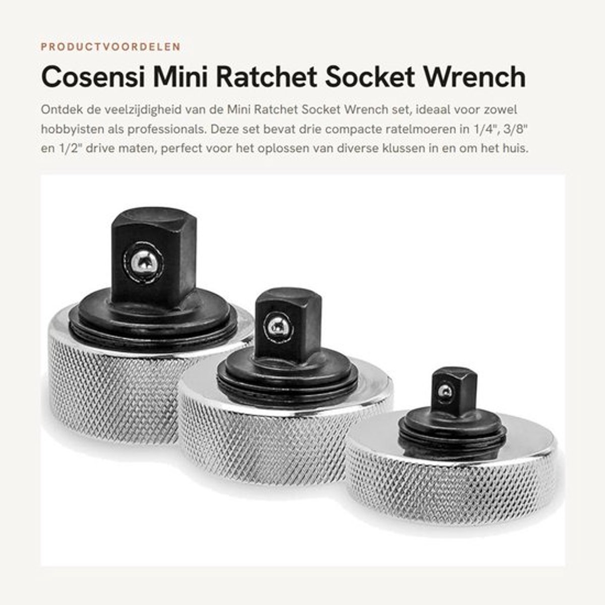 Ratelsleutelset 3-delig - Mini Ratelsleutels 1/4"/3/8"/1/2" - Schokbestendig - Antislip Handvat - Duurzaam Roestvrij Staal - Ratchet Set