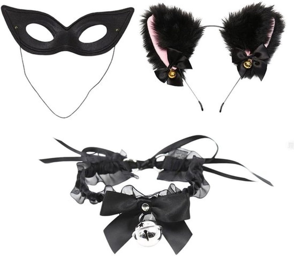 - Kattenoren-hoofdtelefoon - Cosplay-kostuum - Sexy mode - Zwart - Oogmasker - Met bel - Voor feesten - Inclusief halsband