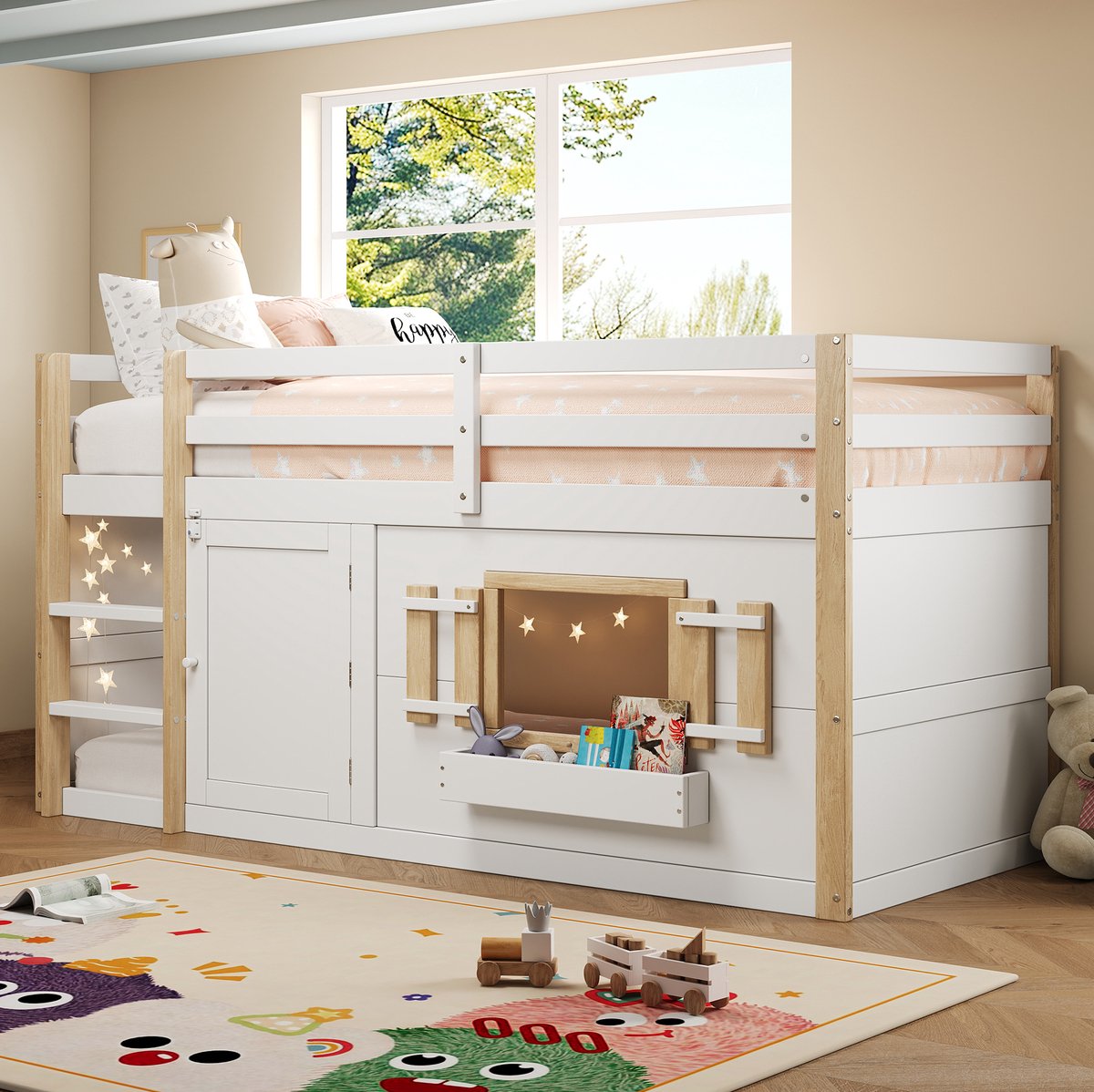 COVREO Hoogslaper met ladder en speelruimte – 90x200 cm – Stapelbed van hout en MDF – voor kinderkamer en logeerplek – Wit - zonder matras