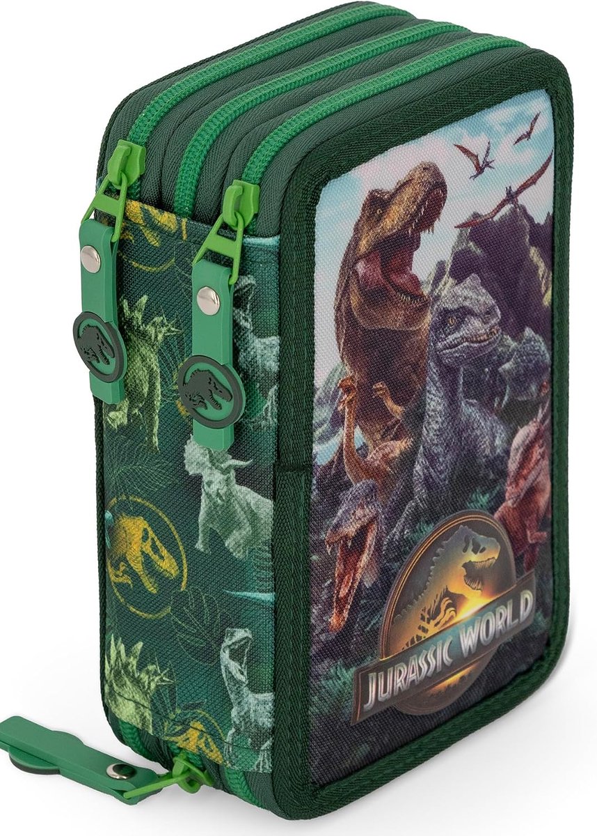 SnelShoppen - Clondo Pennenetui met 44 Accessoires, 3 Vakken, 3 Ritssluitingen, 20 cm, Jurassic 26, Etui voor School, Kleurvol en Functioneel