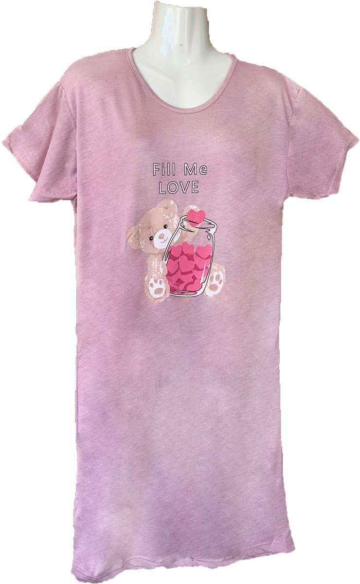 Big Shirt Dames Nachthemd Katoen Knielengte - Kleur Roze met Knuffelbeer Print - Maat XL