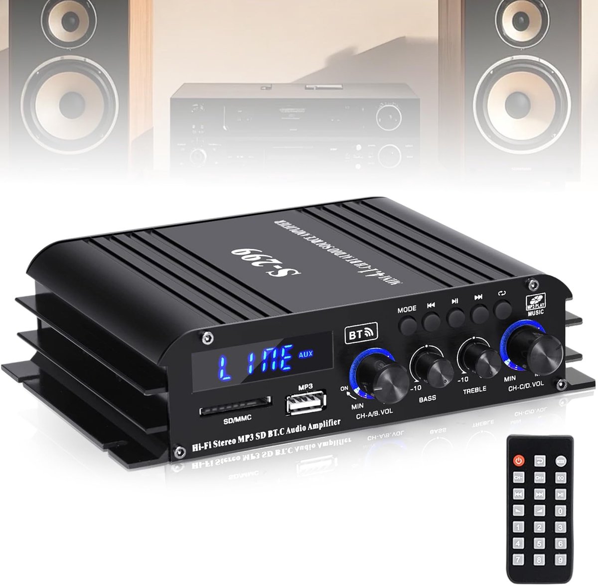 SnelShoppen - 4-kanaals Bluetooth versterker 1600W, Hi-Fi audio versterker met USB/microfoon/FM, 40W x 4, afstandsbediening voor thuis & auto