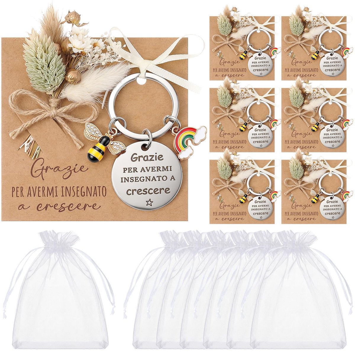 SnelShoppen - 6 Sets Sleutelhanger Juf Einde Schooljaar Cadeau Lerares Bedankje met Droogbloemen en Organza Zakje - Persoonlijk Bedankt voor de Lerare