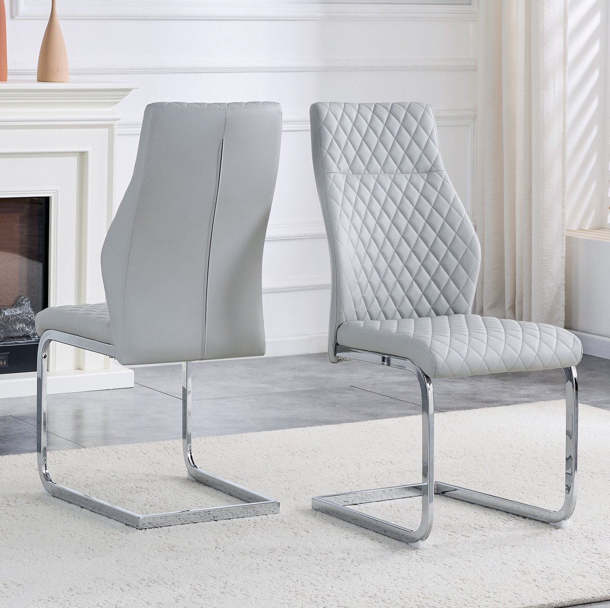 MEUNIQ Eetkamerstoel set van 2 - 100 cm hoog, geruit patroon, hoge rugleuning, kunstleer en metalen frame, lichtgrijs voor eetkamer en woonkamer