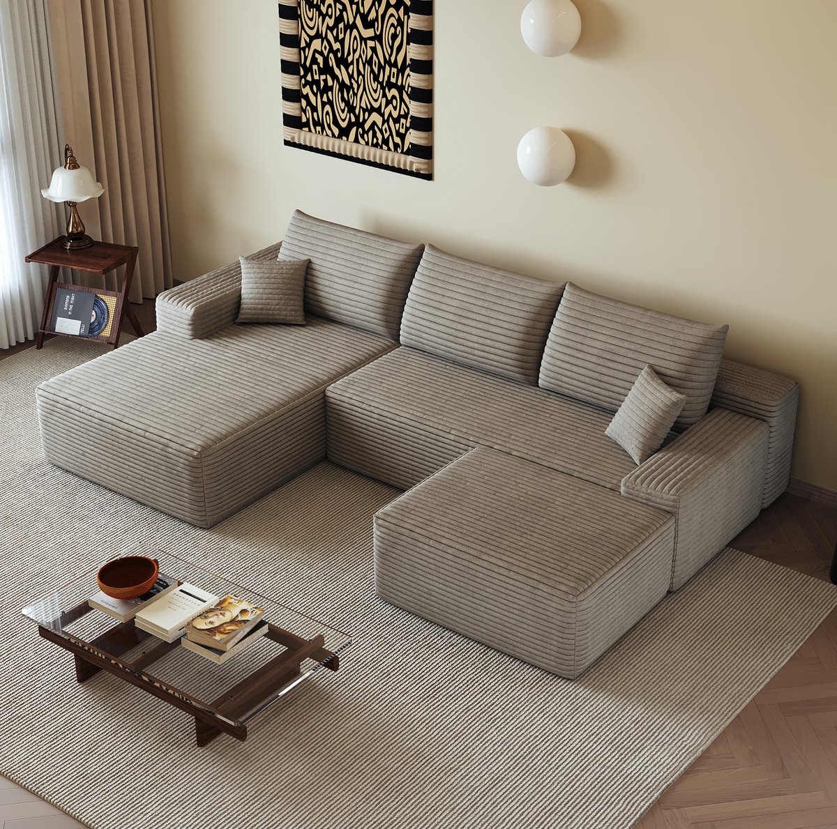 OKWISH Hoekbank - 270 cm Modulaire L-Vormige Chaiselongue - Geen Montage, Diepe Zitting & Zachte Ribstof - Voor Woonkamer of Slaapkamer - Camel