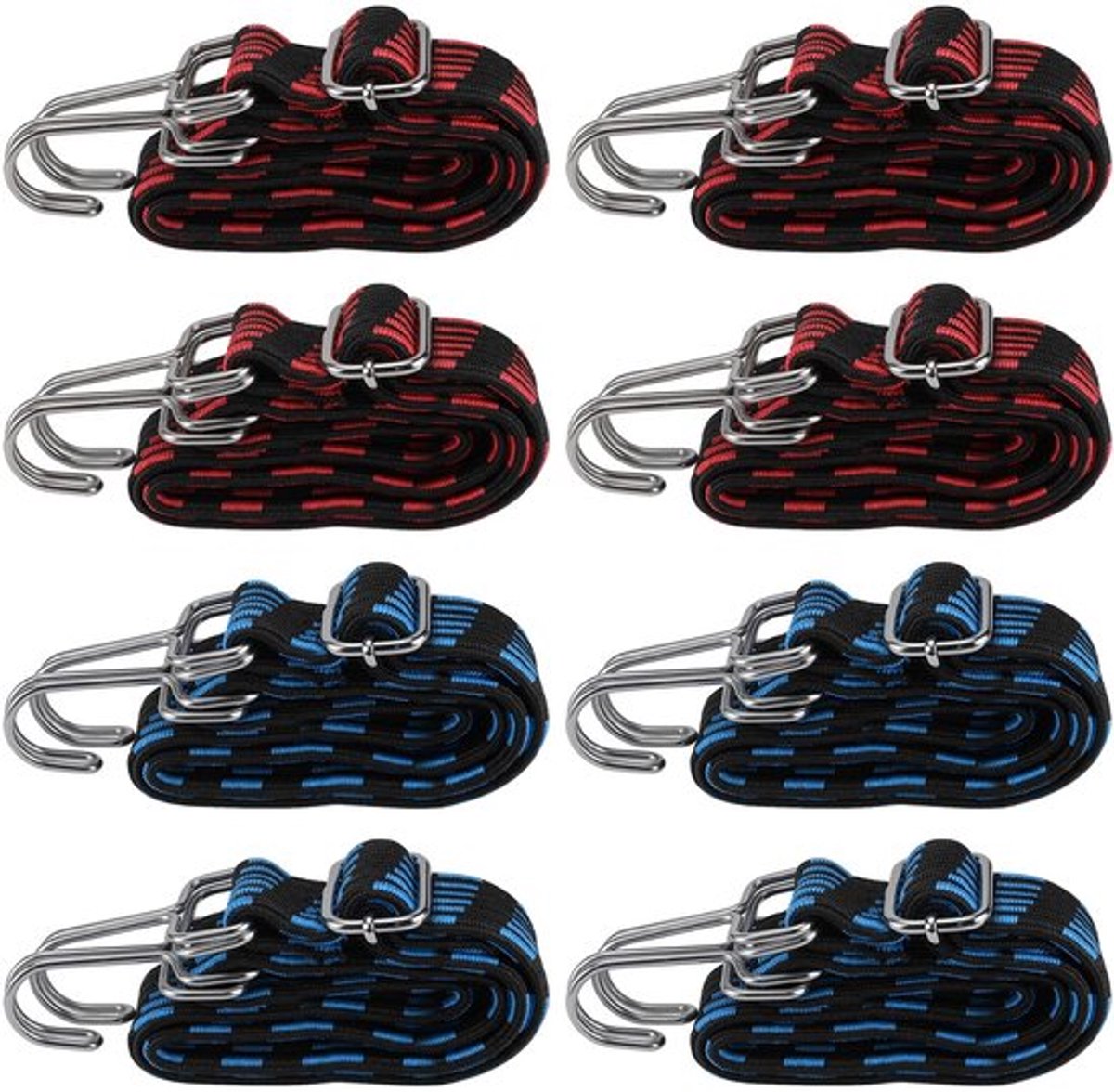 Bungeekoorden 8 stuks - Verstelbare Elastische Banden 1 m - Zwart/Rood/Zwart Blauw - Versterkte Haak - Flexibel Kernmateriaal - Ideaal voor Beveiligen
