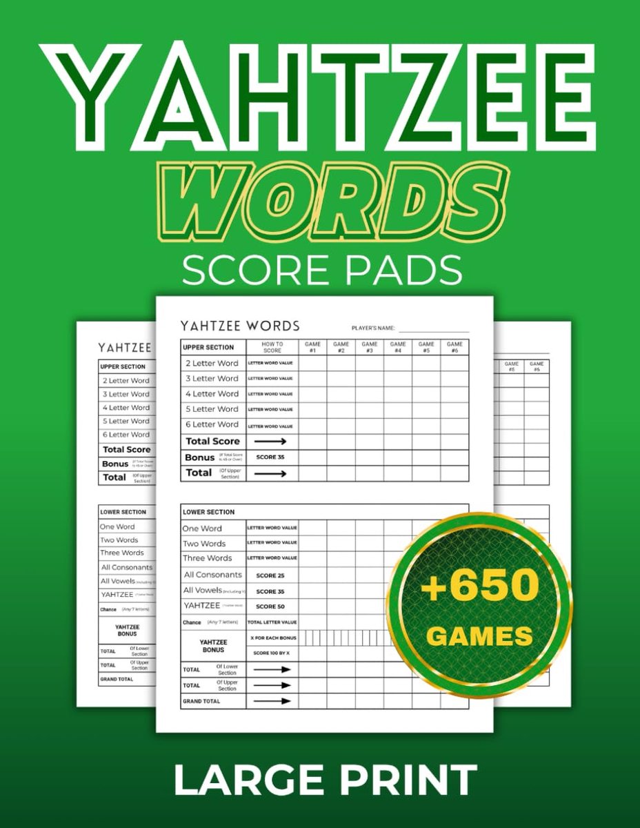Yahtzee woorden scorebladen - 8.5 x 11 grote letter - makkelijk leesbaar - houd je spelavond leuk en stressvrij! - ShopVlot
