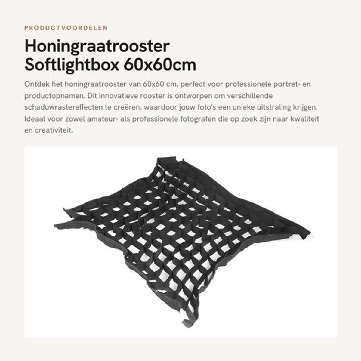 Honingraatrooster 60x60cm - Bevestigingsbanden - Geschikt voor Softlightboxen - Honingraatontwerp - Schaduwrastereffecten - Eenvoudige installatie - Lichtrooster