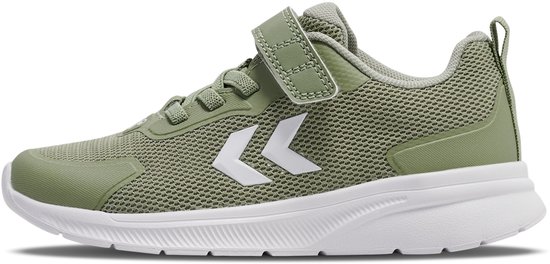 Zijaanzicht van een lichtgroene Hummel kindersneaker met klittenband en witte zool.
