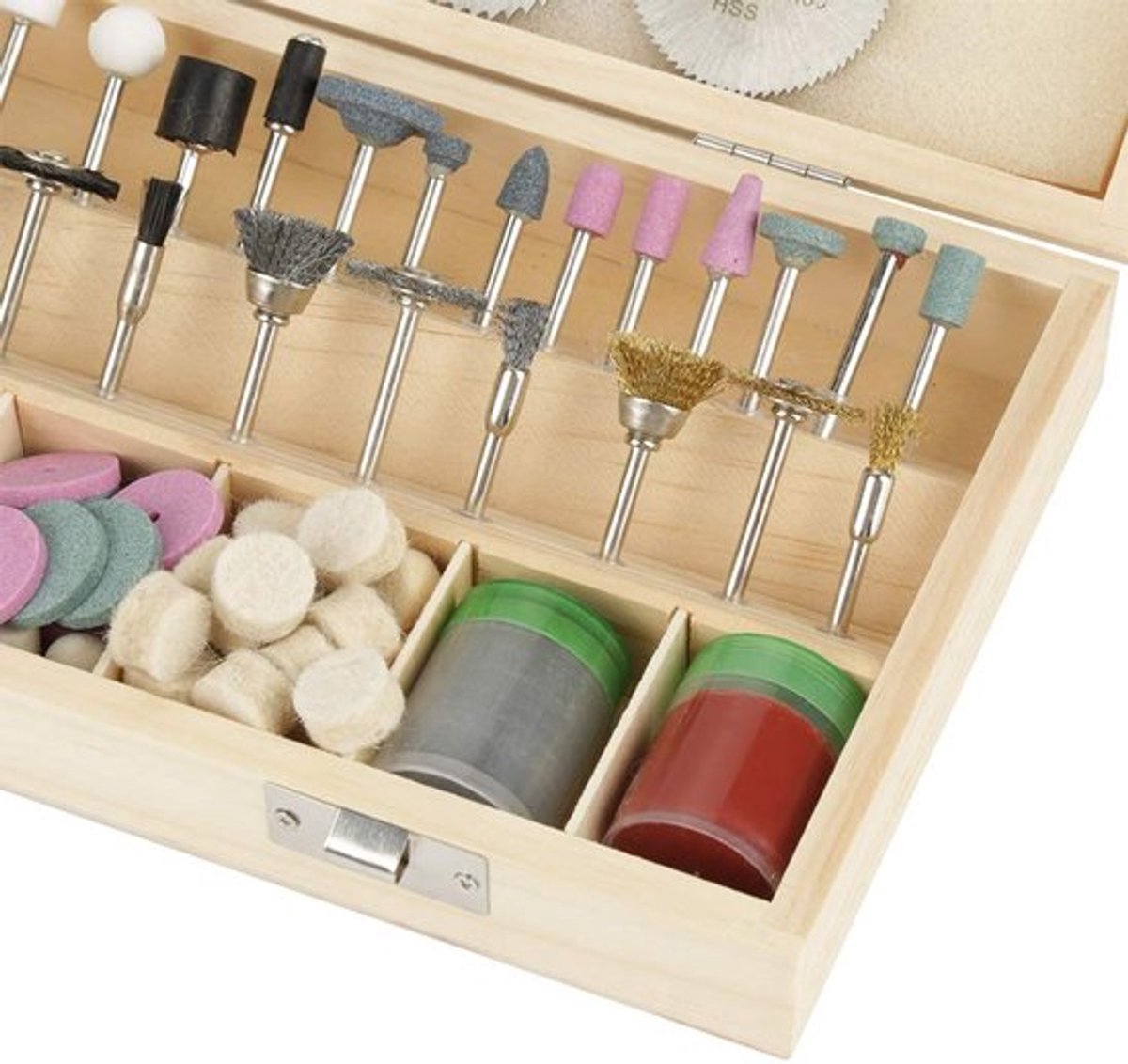 Gereedschapsset 242-delig - Houten Opbergdoos - Diverse Accessoires - Geschikt voor Roterend Gereedschap - Slijpen/Graveren - Gewicht 667 g