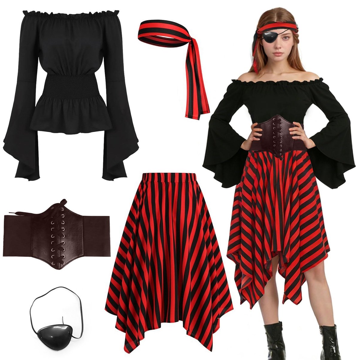 SnelShoppen - Dames piratenkostuum set met piratentop, rok, hoofddoek, riem, oogmasker - Middeleeuwse piratenjurk voor Halloween en carnaval cosplay