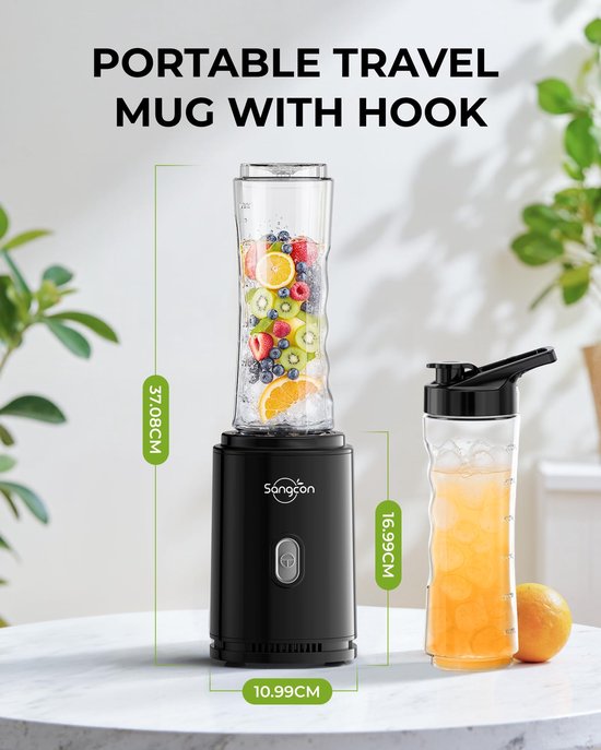 SnelShoppen - Draagbare Sportblender Smoothie Maker, Elektrische Mixer met 2 BPA-vrije 600 ml Tritan To Go-fles, 4 Messen, Pulse-knop, Zwart - Perfect van Snelshoppen — afbeelding 3