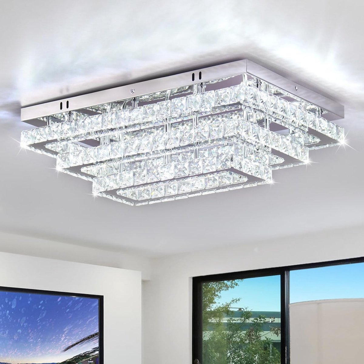SnelShoppen - Moderne Kristallen LED Plafondlamp 50 cm - Rechthoekige Inbouw Kroonluchter - 3 Lagen Roestvrij Staal - Plafondverlichting voor Woonkame