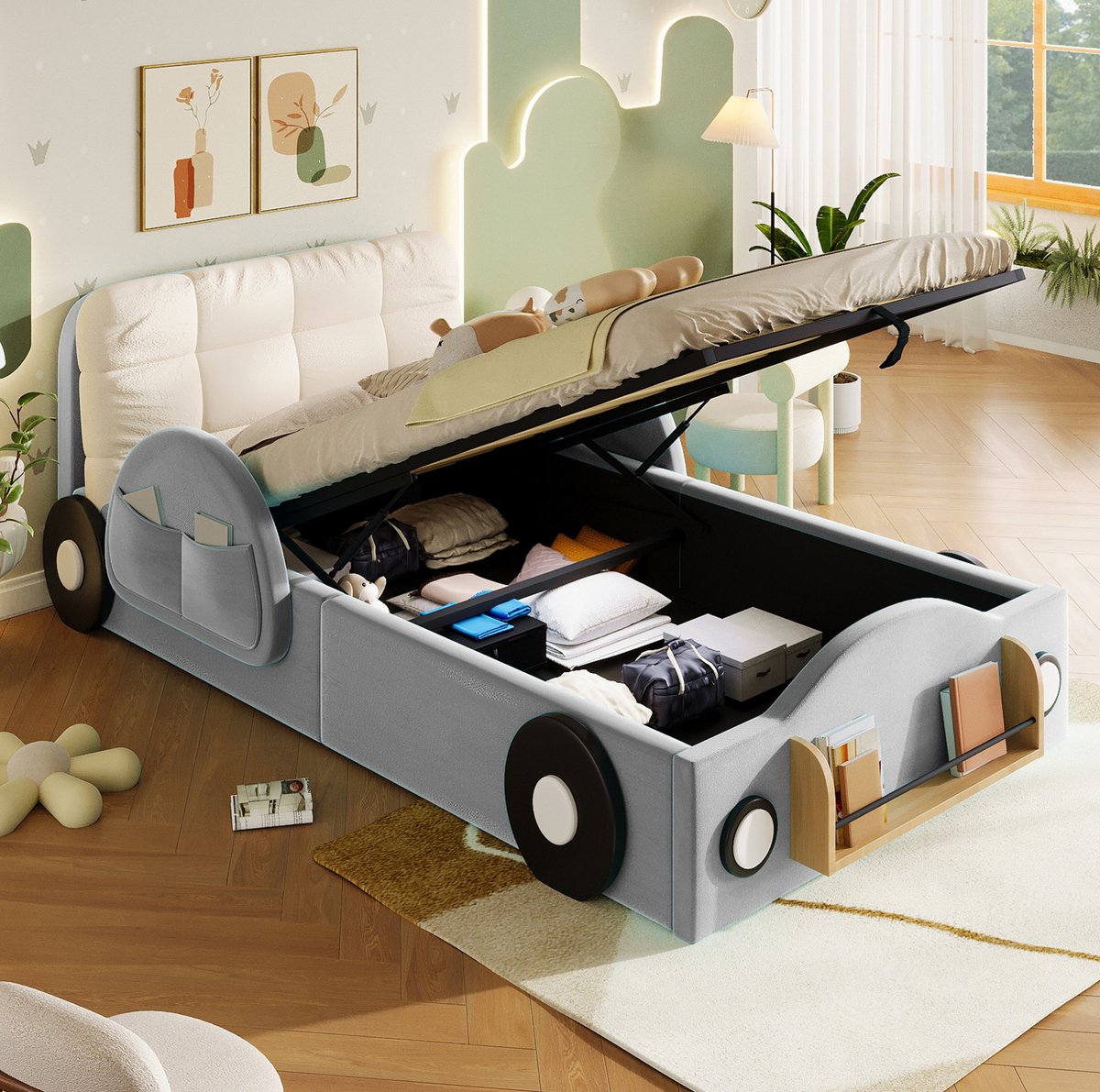 STILVORA Gestoffeerd Bed 90x200 Cm Met Opbergruimte En Zijvakken Voor Kinderen En Tieners Van MDF En Stof Grijs Zonder Matras