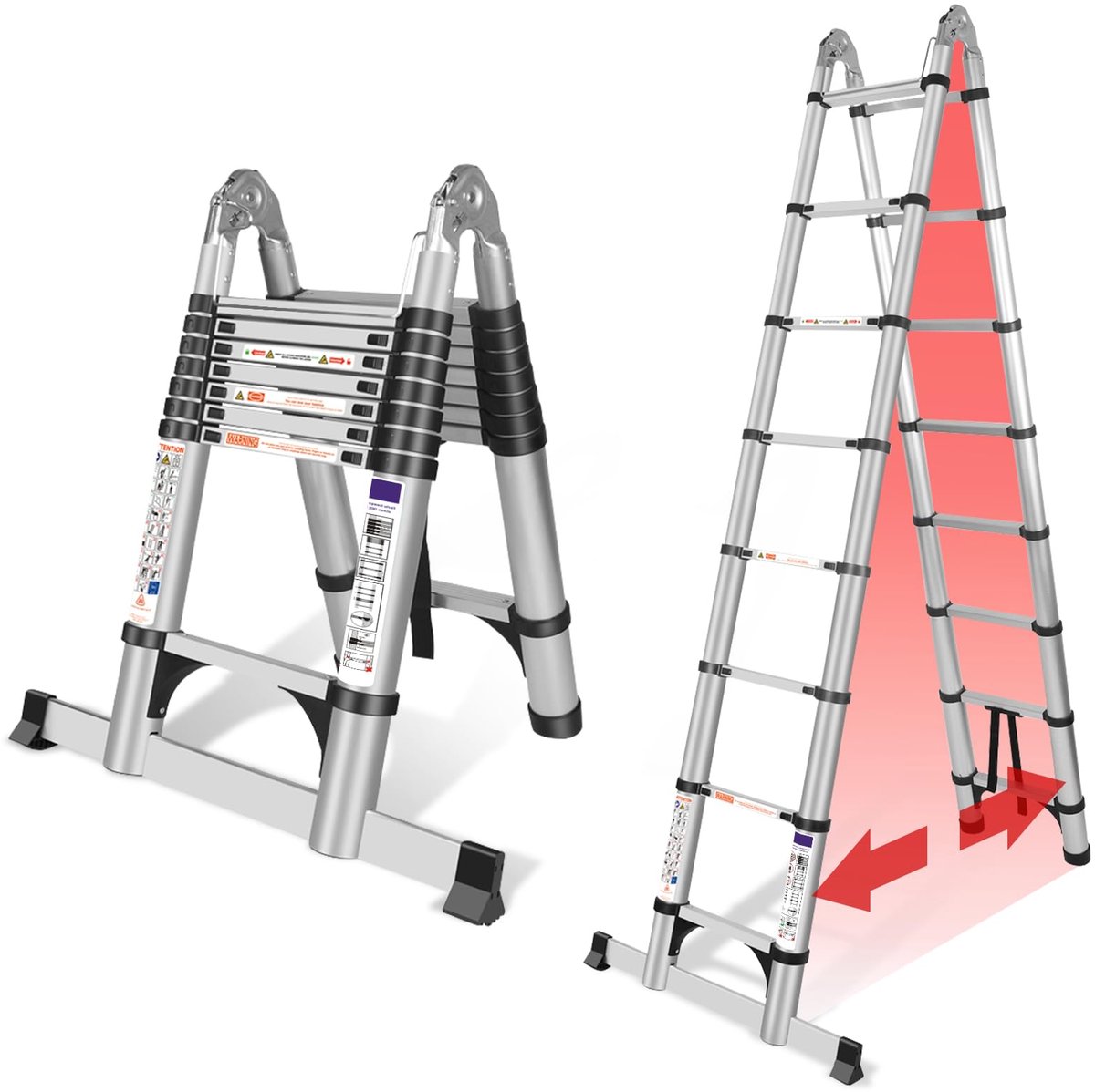 SnelShoppen - Aluminium Inklapbare Telescopische Ladder 5 m - Hoogwaardige Vouwladder met Stabilisatie - Draagbare Robuuste Uittrekbare Ladder voor Tu
