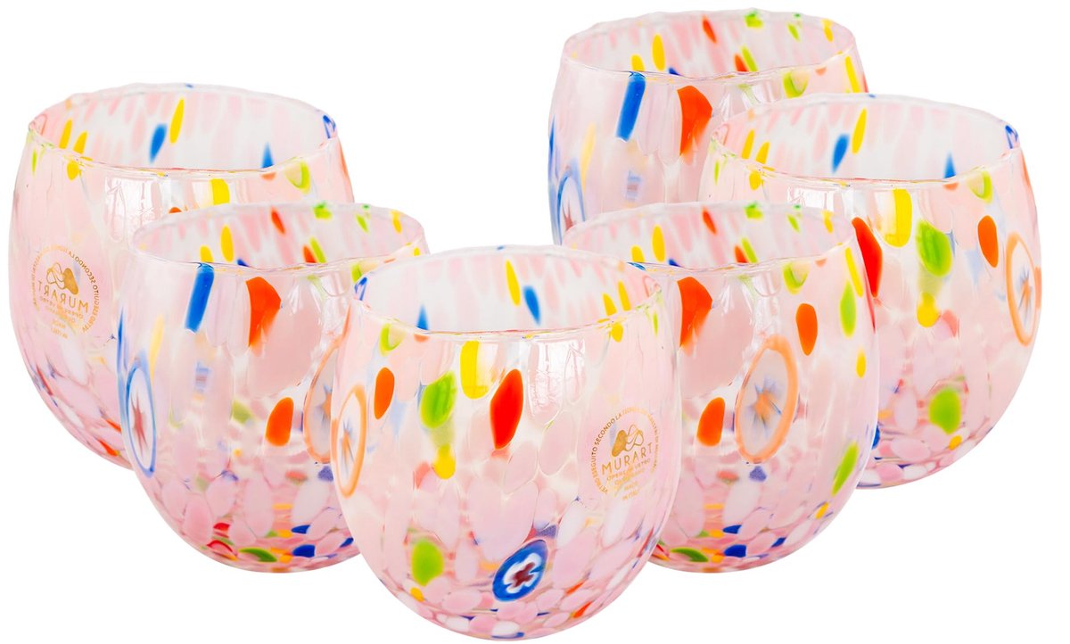 SnelShoppen - Murano glazen set van 6 - 400 ml mondgeblazen handgemaakt glas - Roze - Perfect voor feest, tuin, keuken, en speciale gelegenheden