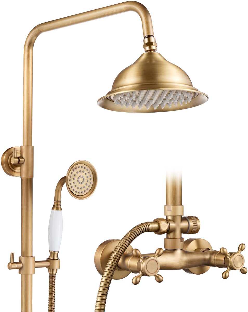 Auralum Max Regendouche - Retro Doucheset - Douchekolom - Verstelbare Hoogte 87.5 cm -126 cm - Antiek Messing - met Handdouche - Regendoucheset - Wandmontage - Waterbesparend - Goud