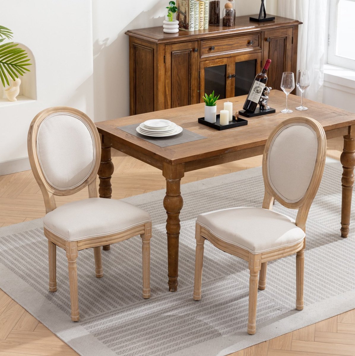 MEUNIQ Eetkamerstoel set van 2 in beige, normale eetkamerstoel met houten frame, gestoffeerde zitting en klassieke Franse stijl voor de eetkamer
