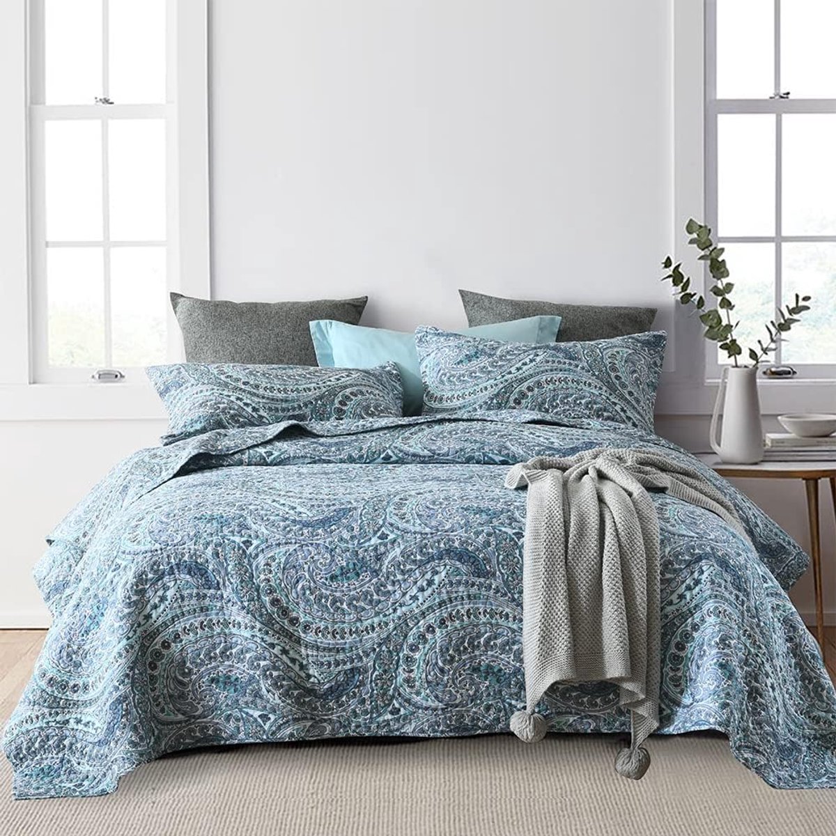 SnelShoppen - Zachte Katoenen Bedsprei Set - Reversible Dekbed Set - Paisley Bedsprei in Blauw - Koningsgrootte - Dekbedovertrek voor Alle Seizoenen