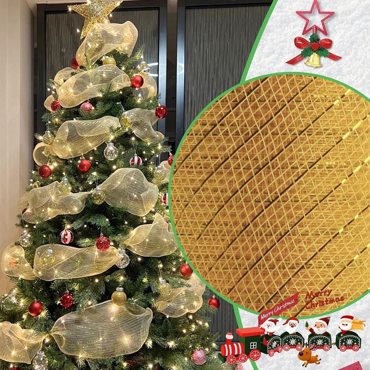 Kerstlint Gouden Lametta - Decoratieband Slinger - Kerstboom Versieren - Extra Breed Poly-Mesh - 27 cm x 9 m - Goud – foto 3