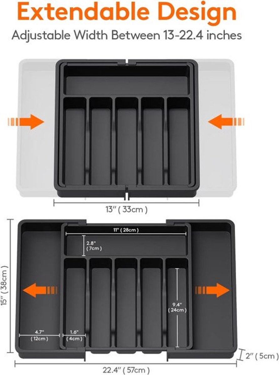 Besteklade, uitschuifbare besteklade, zwart, verstelbaar lade-opbergrek, onmisbaar keukenaccessoire, compacte plastic opbergdoos.