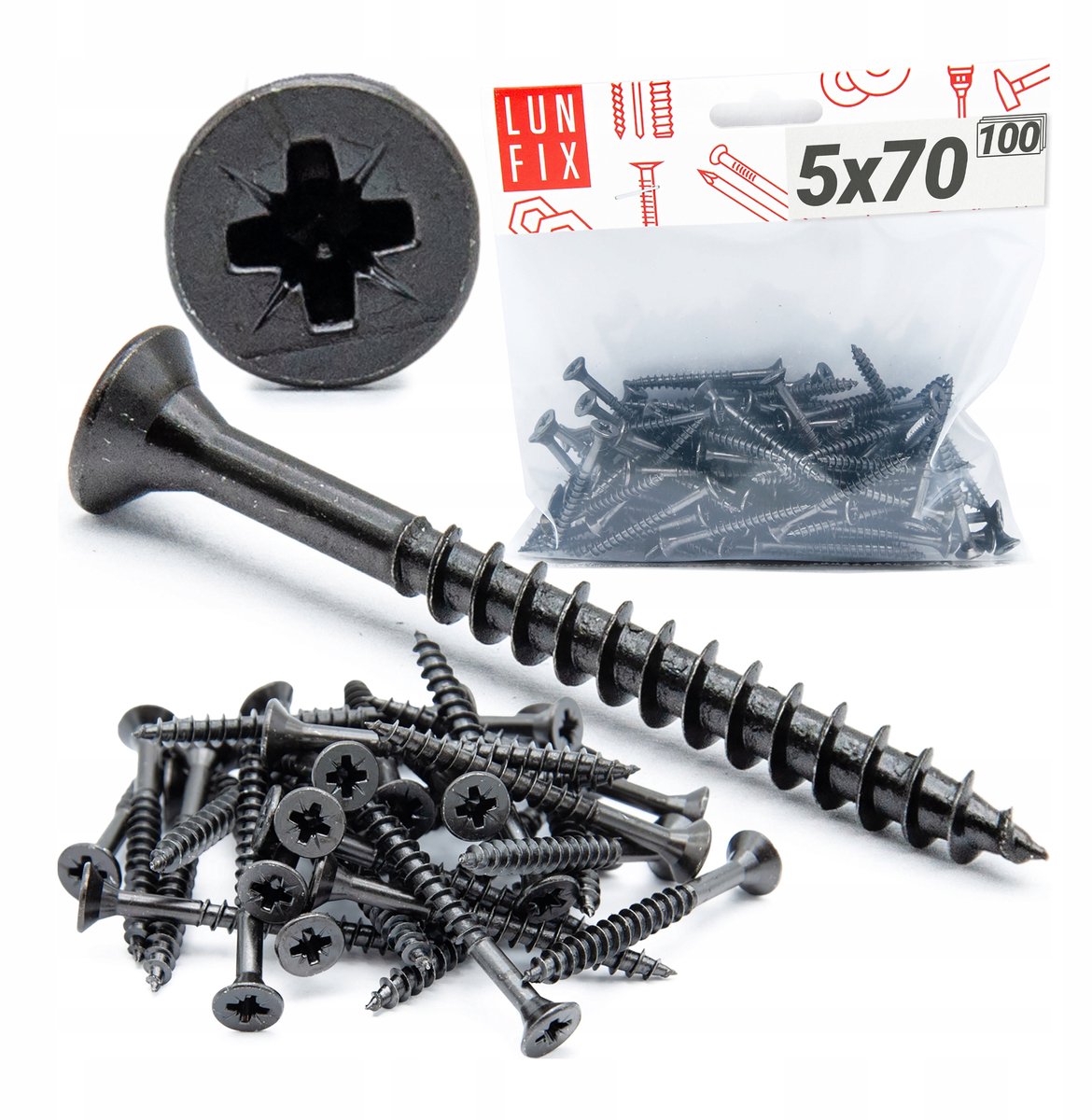 LUN FIX - Houtschroeven - Ø 5x70 mm - 100 Stk. - Verzinkt zwart gehard - Zelfsnijdend