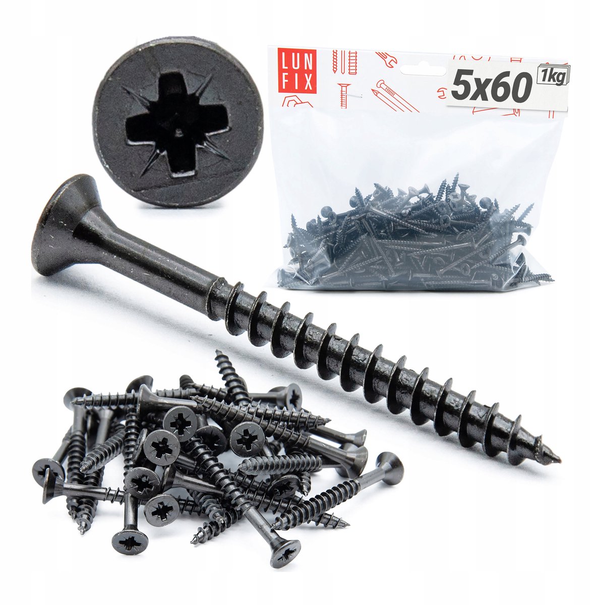 LUN FIX - Houtschroeven - Ø 5x60 mm - 1 kg - Verzinkt zwart gehard - Zelfsnijdend