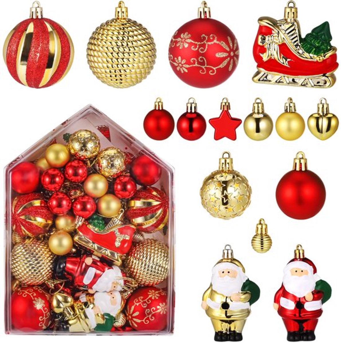 Kerstballen 72 Stuks - Rood/Goud - Kunststof - Herbruikbaar - Hangende Versiering - Decoratie voor Kerstboom - Kerstdecoratie