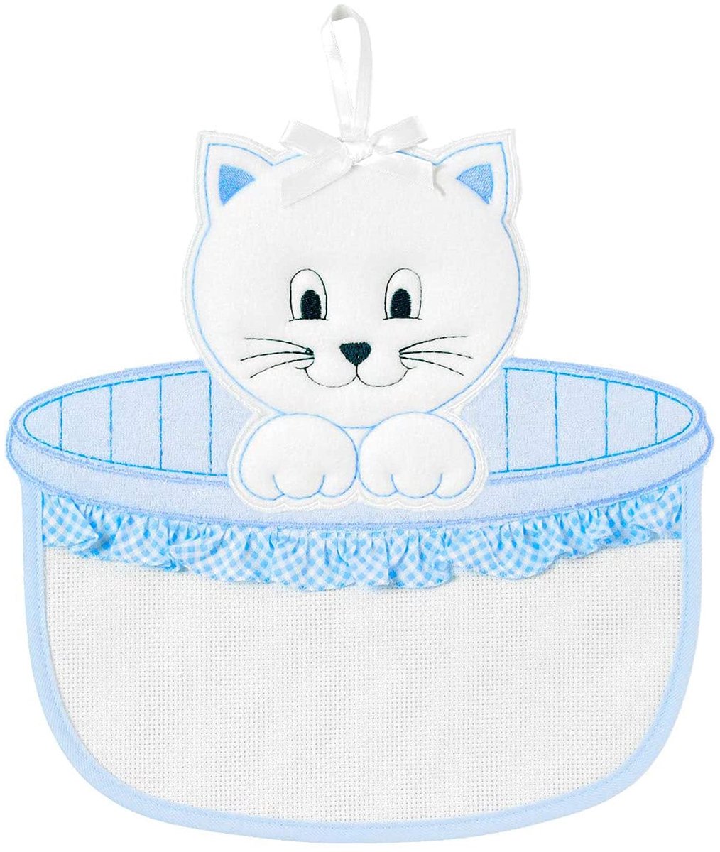 SnelShoppen - Strik voor de geboorte met borduursel van katje, wit en lichtblauw, perfect voor babyshowers, geboortefeesten, en kraamcadeaus