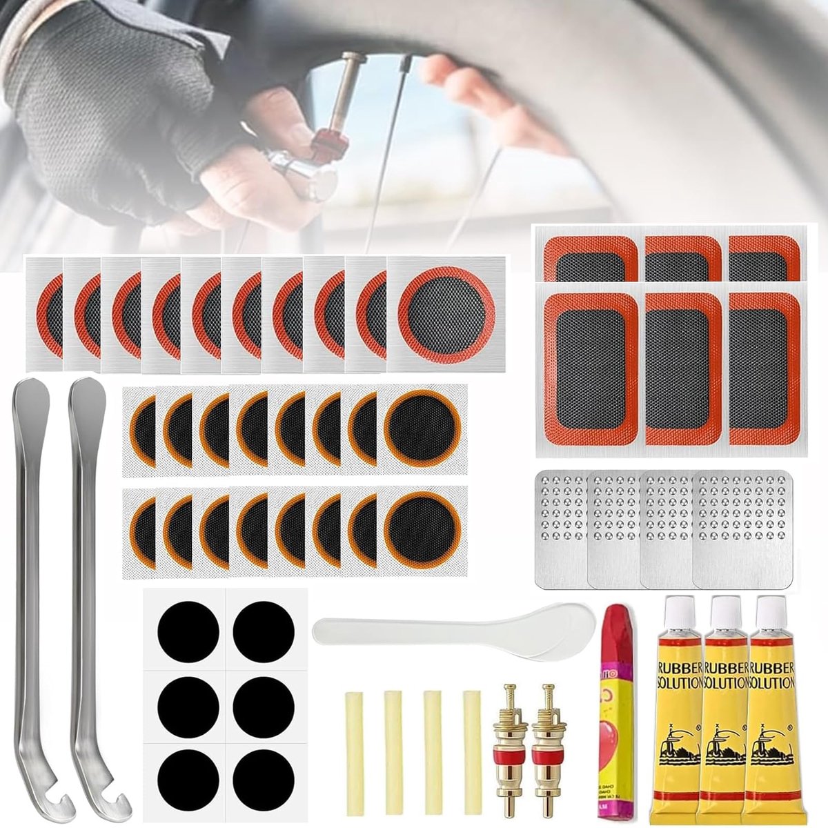 SnelShoppen - 56-delige Fietsreparatieset - Zelfklevende en Gevulkaniseerde Patches, Multifunctioneel Gereedschap, Bandenlichters, Draagbare Doos voor