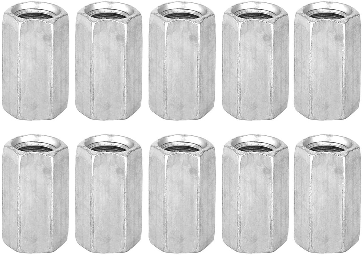 Set van 10 M8 Lange Draadmoeren - Hex Moeren en Ruimtes voor Bevestigingen en Assemblage