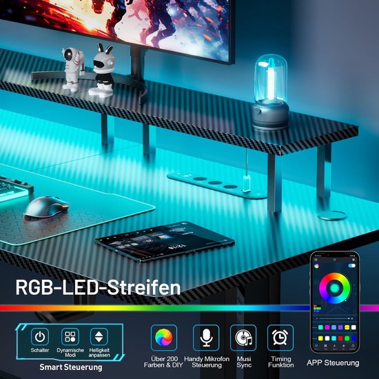 Gaming Bureau - Bureau met Verlichting - Gaming en Kantoor - Geïntegreerde USB Poorten - 160 x 60 cm - Zwart — afbeelding 4
