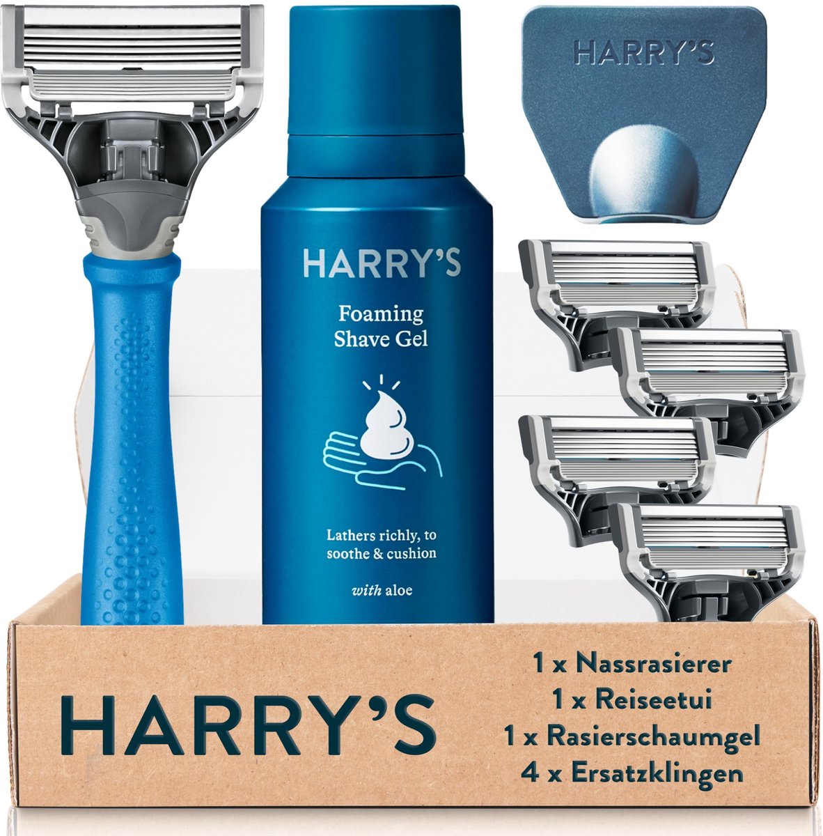 SnelShoppen - Nat Scheerapparaat voor Mannen met Blauwe Handgreep, 4 Reserve Scheermesjes, Reis-Mes-Cover, 60 ml Scheergel, Comfortabele Scheerbeurt e