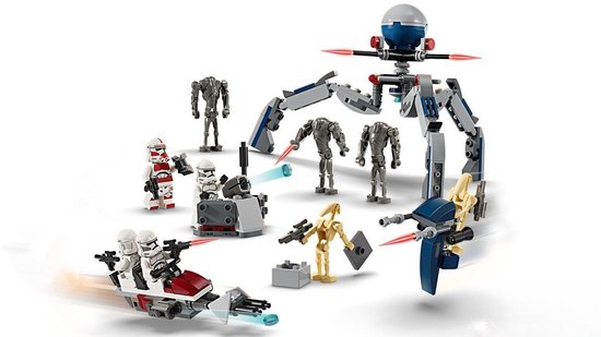 LEGO Star Wars speelset met de Super Battle Droid, Battle Droids, Clone Troopers en een speeder.