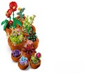 Diverse LEGO plantjes in terracotta potjes: cactussen, succulente, rode en paarse bloemen en groene plantjes met rode bloemen.