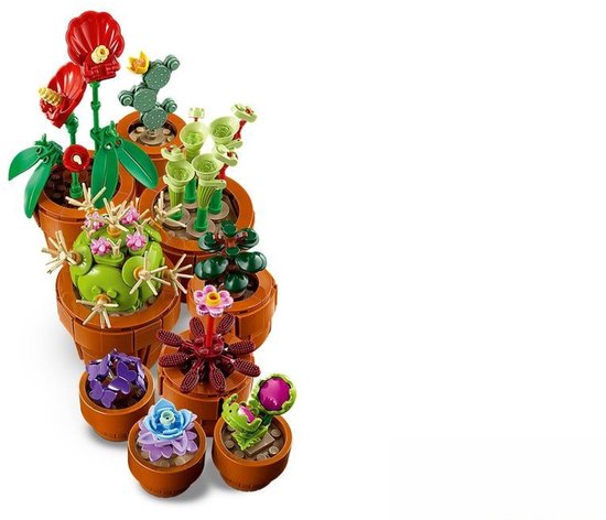 Diverse LEGO plantjes in terracotta potjes: cactussen, succulente, rode en paarse bloemen en groene plantjes met rode bloemen.