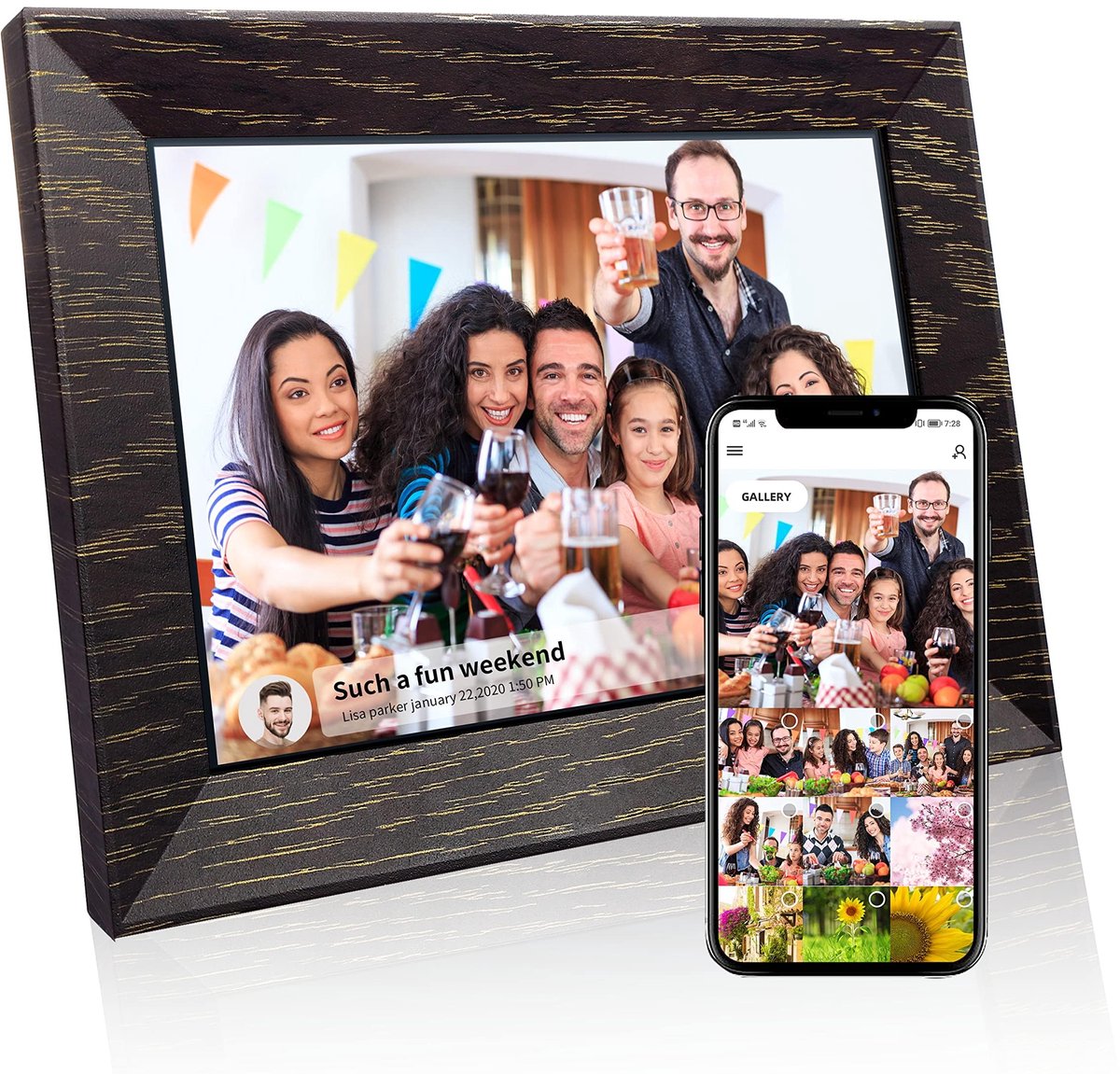 SnelShoppen - Tibuta Digitale Fotolijst 7 Inch Wifi, 1024 x 600 IPS Touchscreen, Digitale Fotolijst met 16G, Walnoot, Deel Foto's en Video's via Uhale