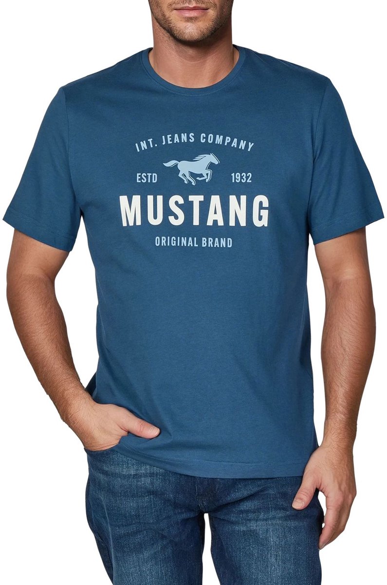 Mustang Heren T-Shirt Basic Print Tee regular fit Blauw S Ronde Hals Volwassenen Opdruk Print Shirts
