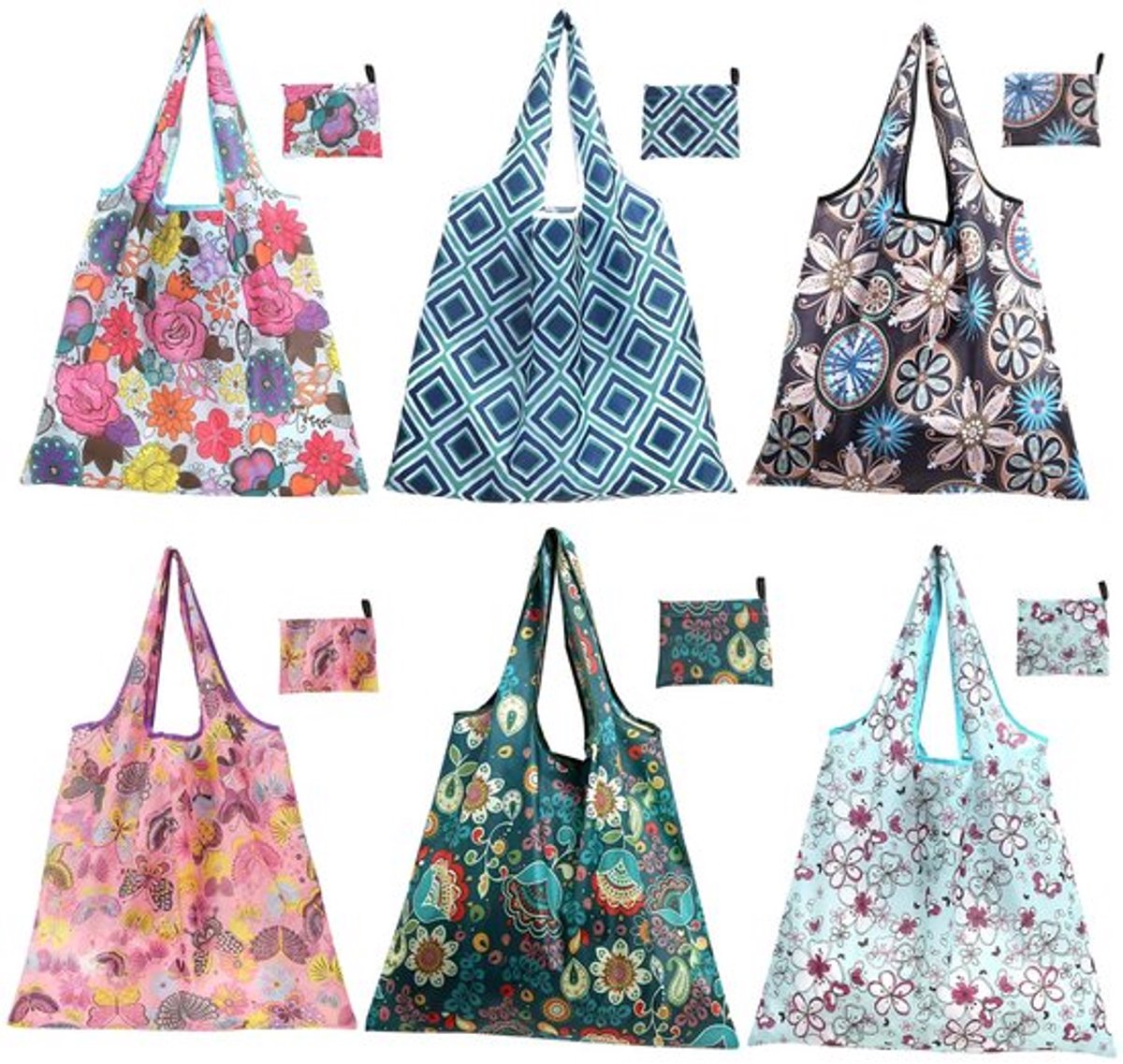 Shopping Tas Herbruikbaar - Opvouwbaar - Elegant Vintage Stijl - Geschikt voor Dagelijks Gebruik - Gemakkelijk te Reinigen - Set van 6 Stuks - Boodschappentas