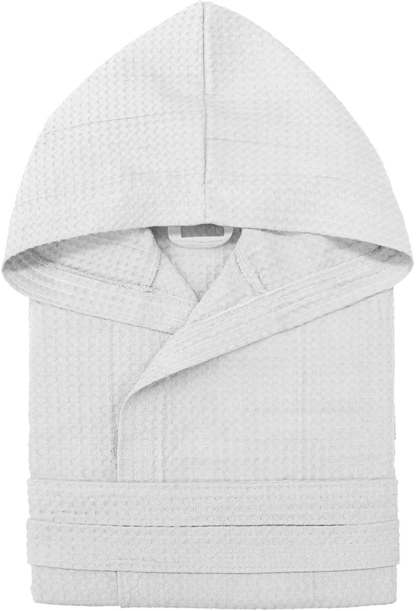 SnelShoppen - Unisex-badjas van geribbeld piqué, katoen, L-XL, met capuchon, zakken en riem - Licht, absorberend, ademend - Ideaal voor thuis, SPA, zw