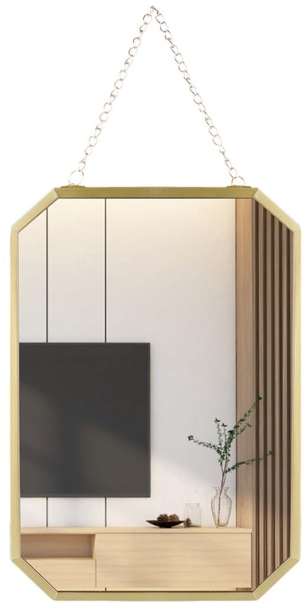 Hangende Wandspiegel met Ketting - Gouden Geometrische Spiegel met Metalen Frame - Decoratieve Make-up Spiegel voor Badkamer Slaapkamer Hal en Woonkamer - Kleine Maat 27 x 18 cm
