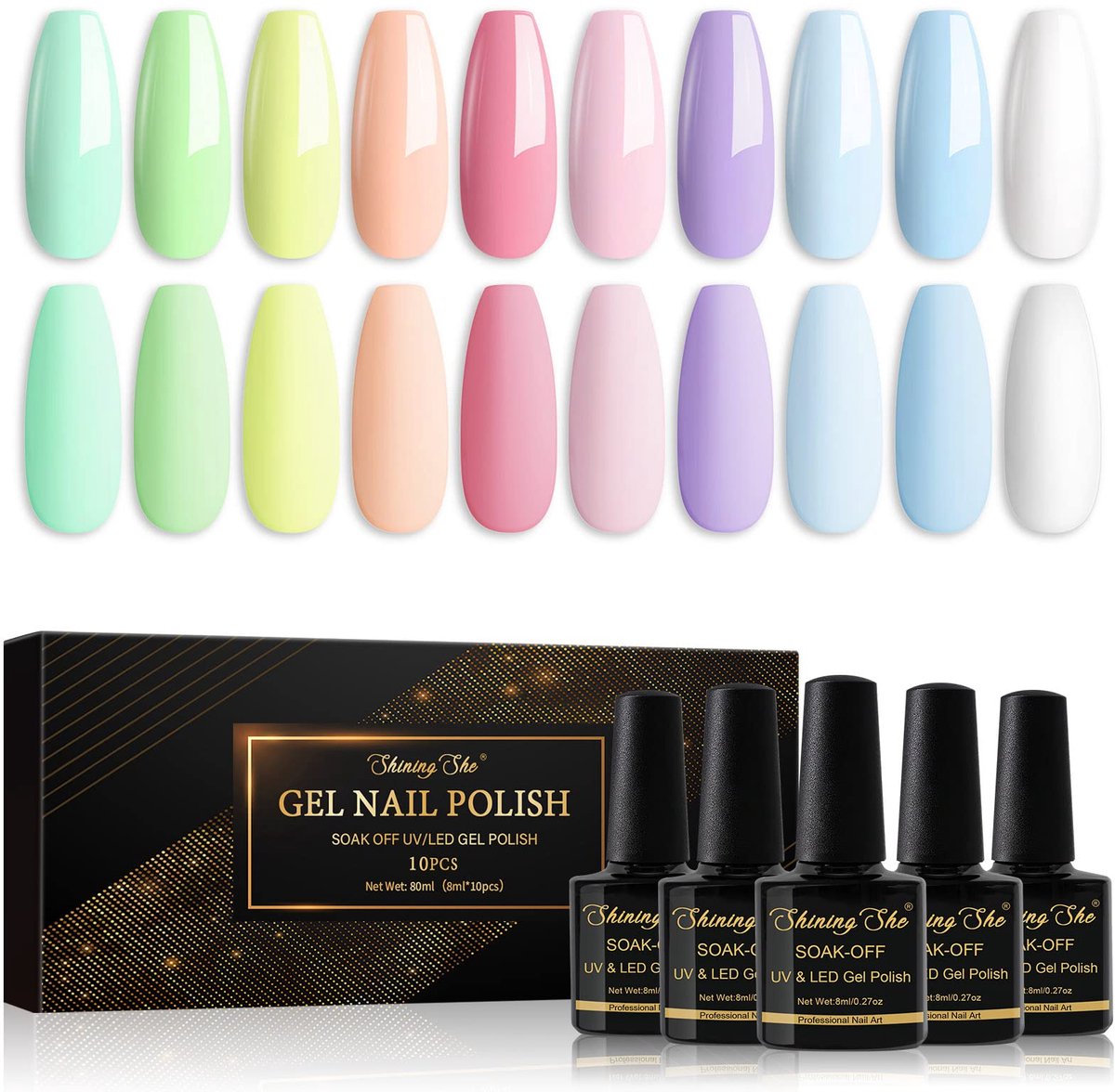 SnelShoppen - Shining She Gel Nagellak Set, 10 Kleuren Pastel Makkaron Soak-Off UV Gellak, 8 ml, Manicure Set voor Vrouwen, Perfect voor Lente en Zome