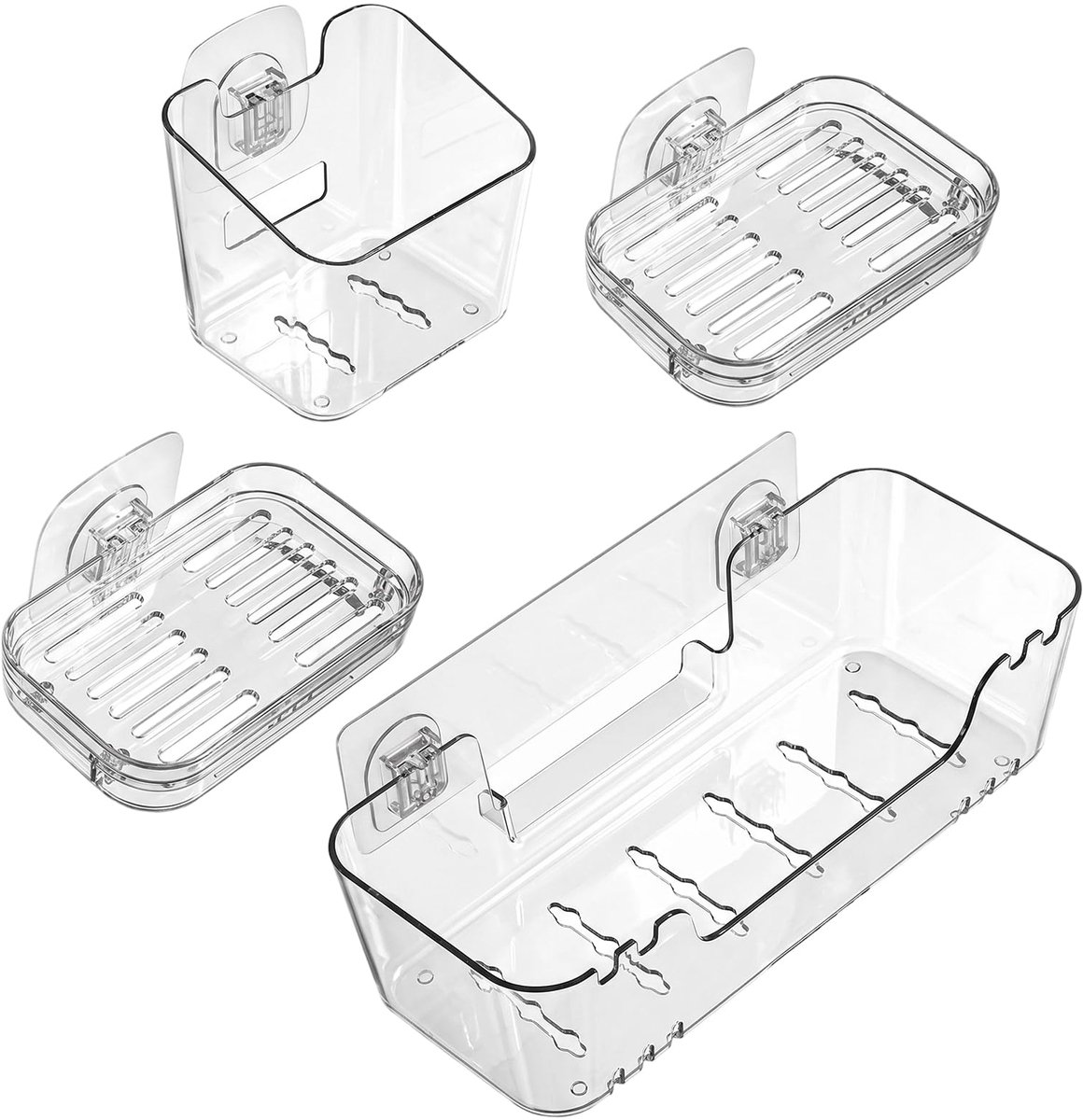Badkamer Organizer 4 Stuks Set - Douche Opbergrek Zonder Boren met Zeepbakje en Bad Speelgoedhouder - Zelfklevende Wandhouder voor Shampoo Douchegel Spons en Accessoires - Transparant