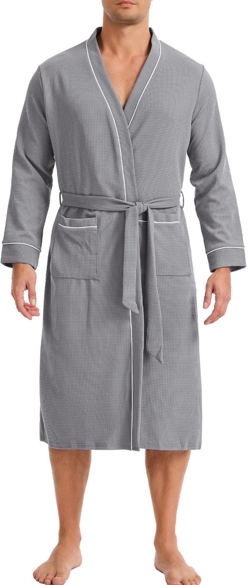 SnelShoppen - Lovasy Badjas Heren Katoen Wafelgebreid Lichtgewicht Lange Mouwen Zacht Comfortabel V-Hals Kimono Riem A-Lichtgrijs XL - Perfect voor Th
