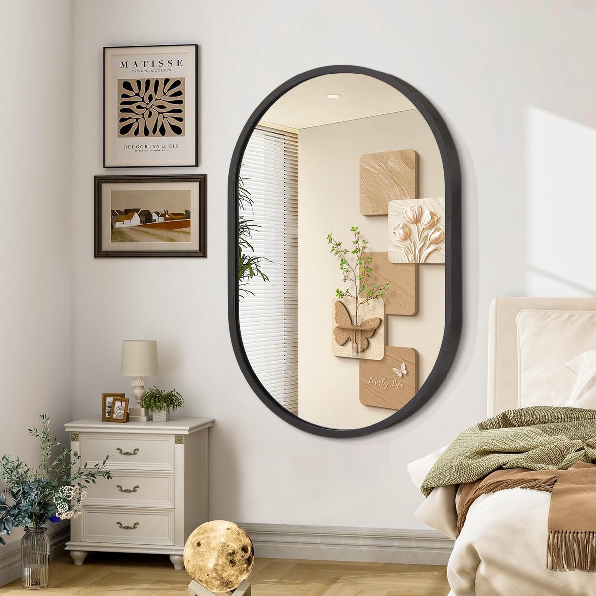 SnelShoppen - Ovale Spiegel Zwart Metalen Ingelijste Badkamerspiegel 20 x 28 Inch - Matte Slaapkamer Ijdelheid Spiegel - Anti-Rost Geharde Glas - Hang