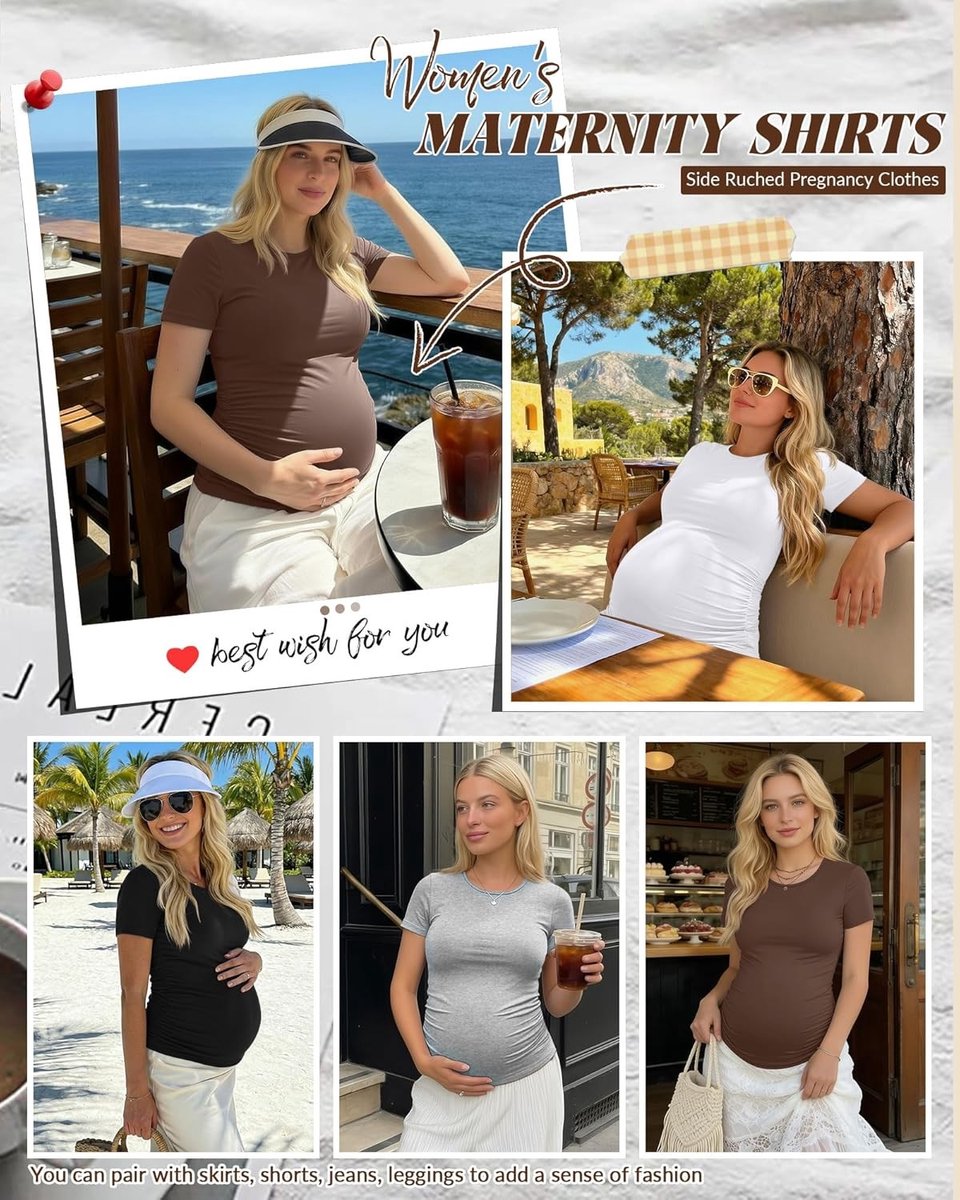 Set van 4 Dames Zwangerschaps T-shirts Korte Mouwen Casual Katoen met Rimpel Details en Comfortabele Pasvorm