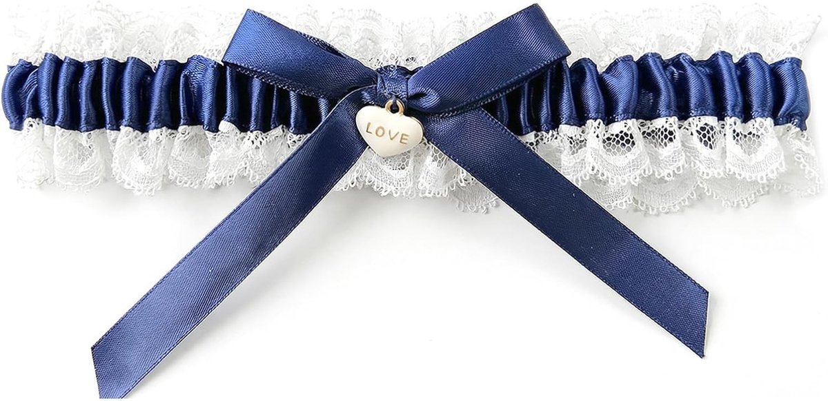 Elastische Bruidskousenband in Blauw met Wit Kant en Satijn, Verstelbaar en Comfortabel, Perfect Huwelijkscadeau en Bruidshoofdaccessoire